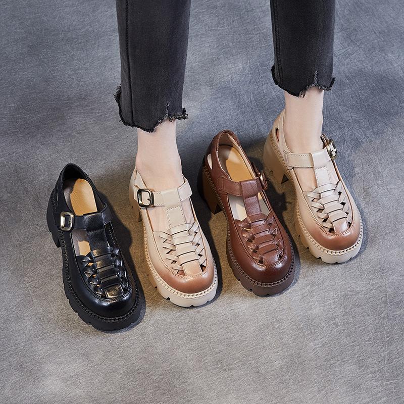 First layer cowhide loafers women's summer 2025 new British style retro Brock Roman platform sandals women