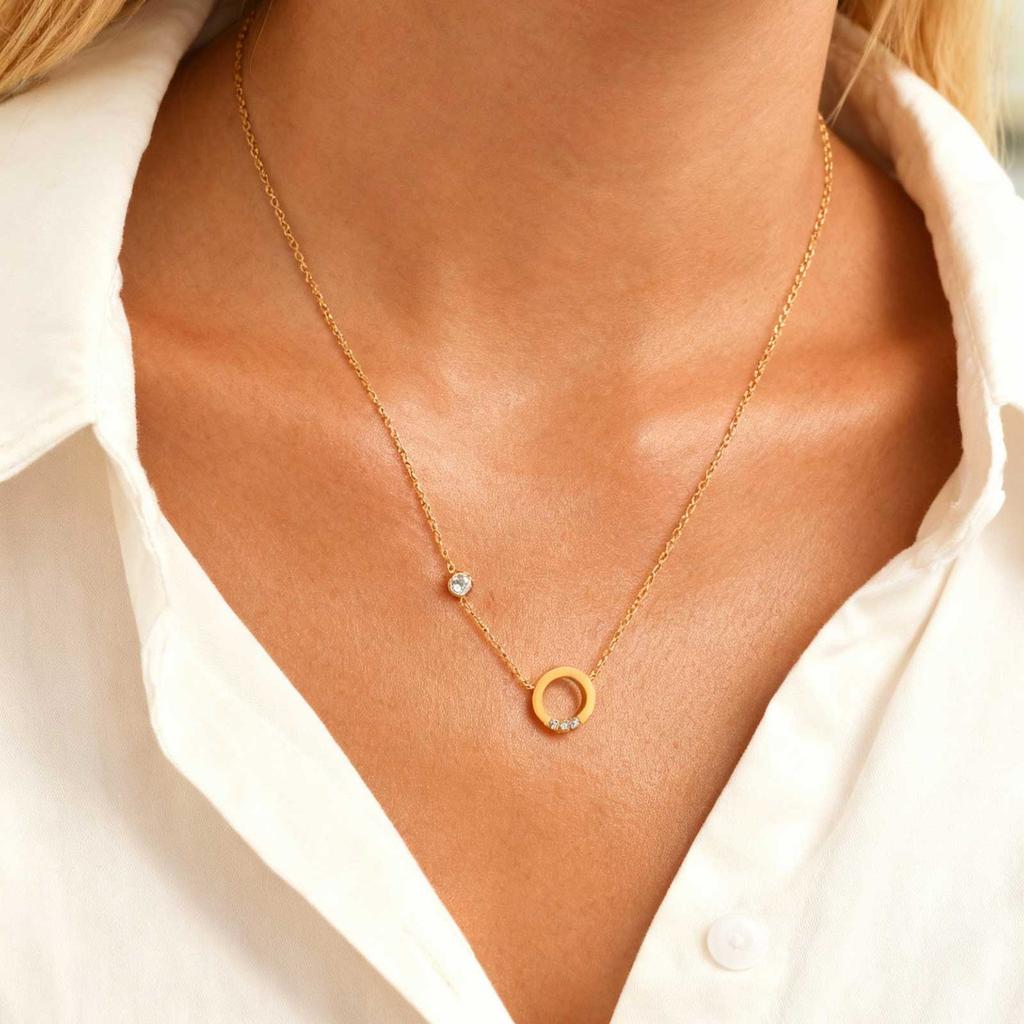 Shiny Round Ring Zircon Necklace for Women,18K Gold Plated Stainless Steel Rolo Chain Necklaces,Trendy Jewelry Gifts