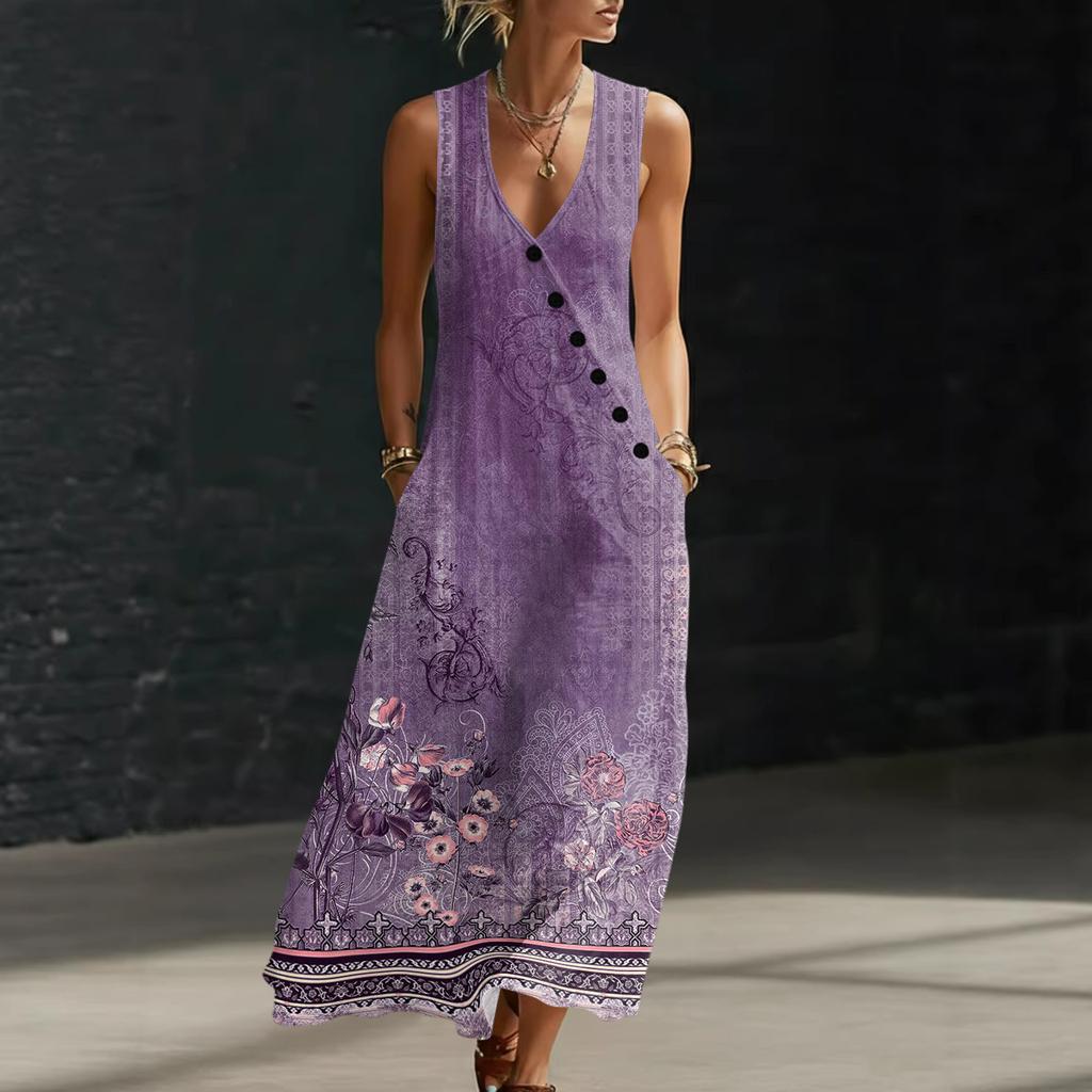 Sleeveless V Neck Floral Print Maxi Dress for Women Casual Bohemian Style Summer Long Sundress with Pockets