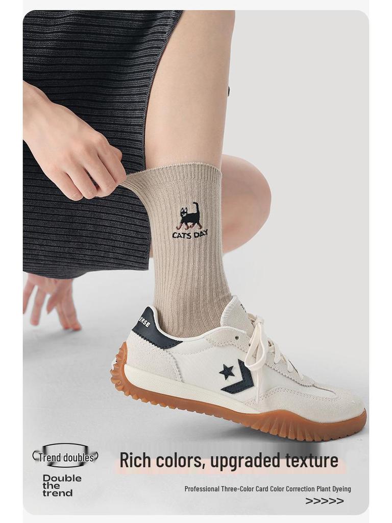 Renaissance Women's College Style Mid-Calf Socks, Solid Color with Panda Embroidery, Thin and Breathable for Spring and Autumn