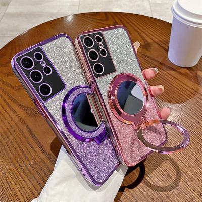 For Samsung Galaxy S25 Mirror Glitter Plating Holder Silicone Case For Samsung Galaxy S25 Plus Magnetic Stand Cover S25 Ultra