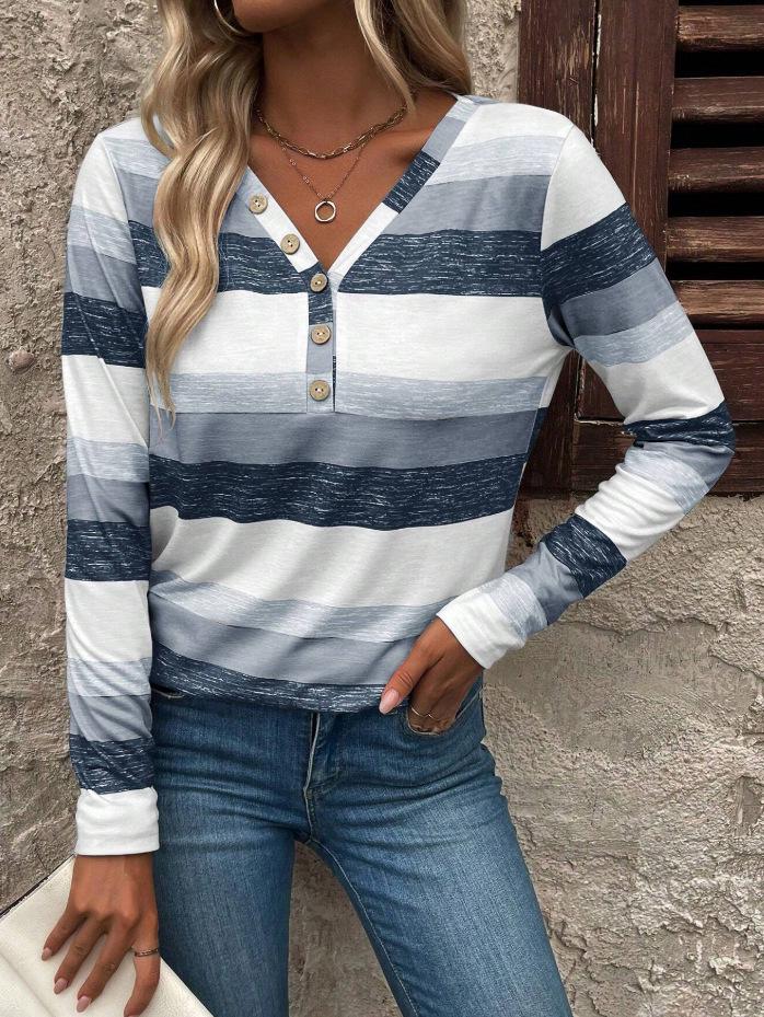 European & American V-Neck Striped Long Sleeve Women's Casual T-shirt