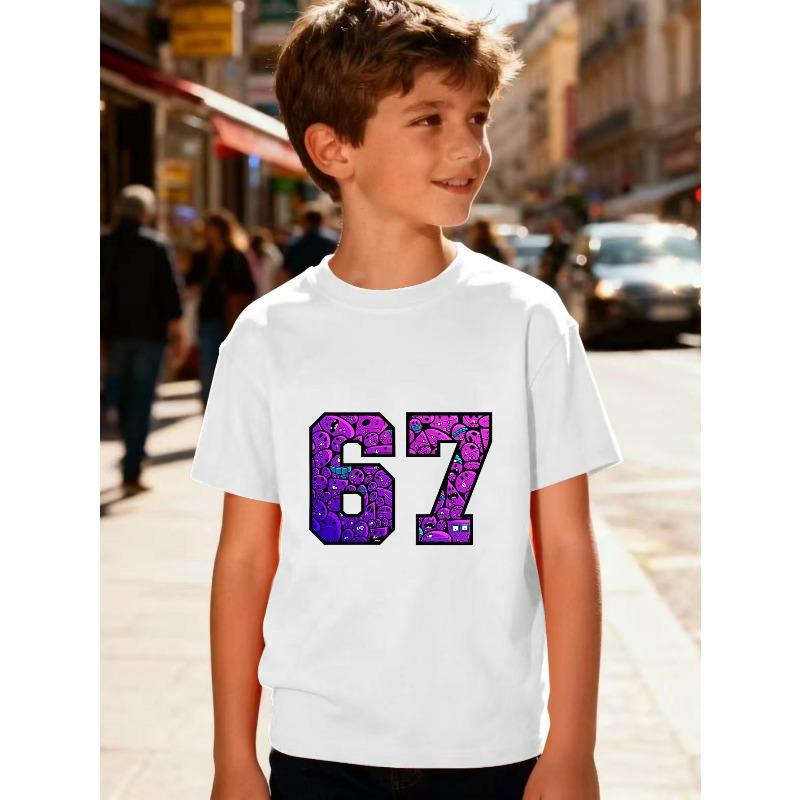 European sizes 1 Boys' Short-Sleeve T-Shirt with Creative Digital 67 Print Design, Suitable for Spring/Summer Casual and Sportswear