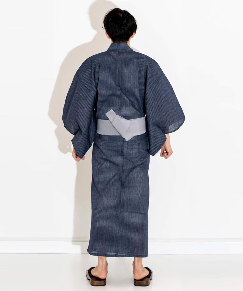 Yukata Shijira Stylish Set Simple Fine Stripe x Navy [KYOETSU] Men's Set, Fabric, Black/Navy, Cotton, 6-Piece (2. (One-Touch Gray), L)