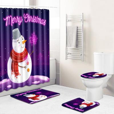 Christmas Shower Curtain Floor Mat Combination Four-Piece Bathroom Non-Slip Mat Bedroom Dust Entry Mat Living Room Carpet