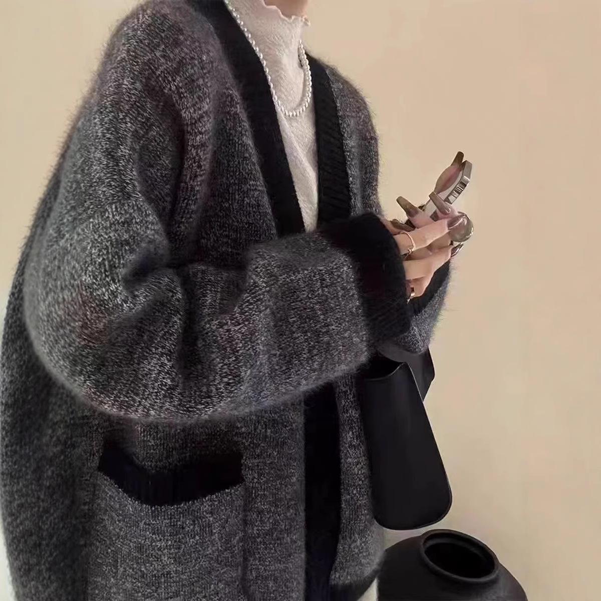 

Винтажный стиль темно-серый вязаный кардиган с V-образным вырезом - Новое поступление Высококачественный свободный свитер для верхней одежды Medium глубокий/серый