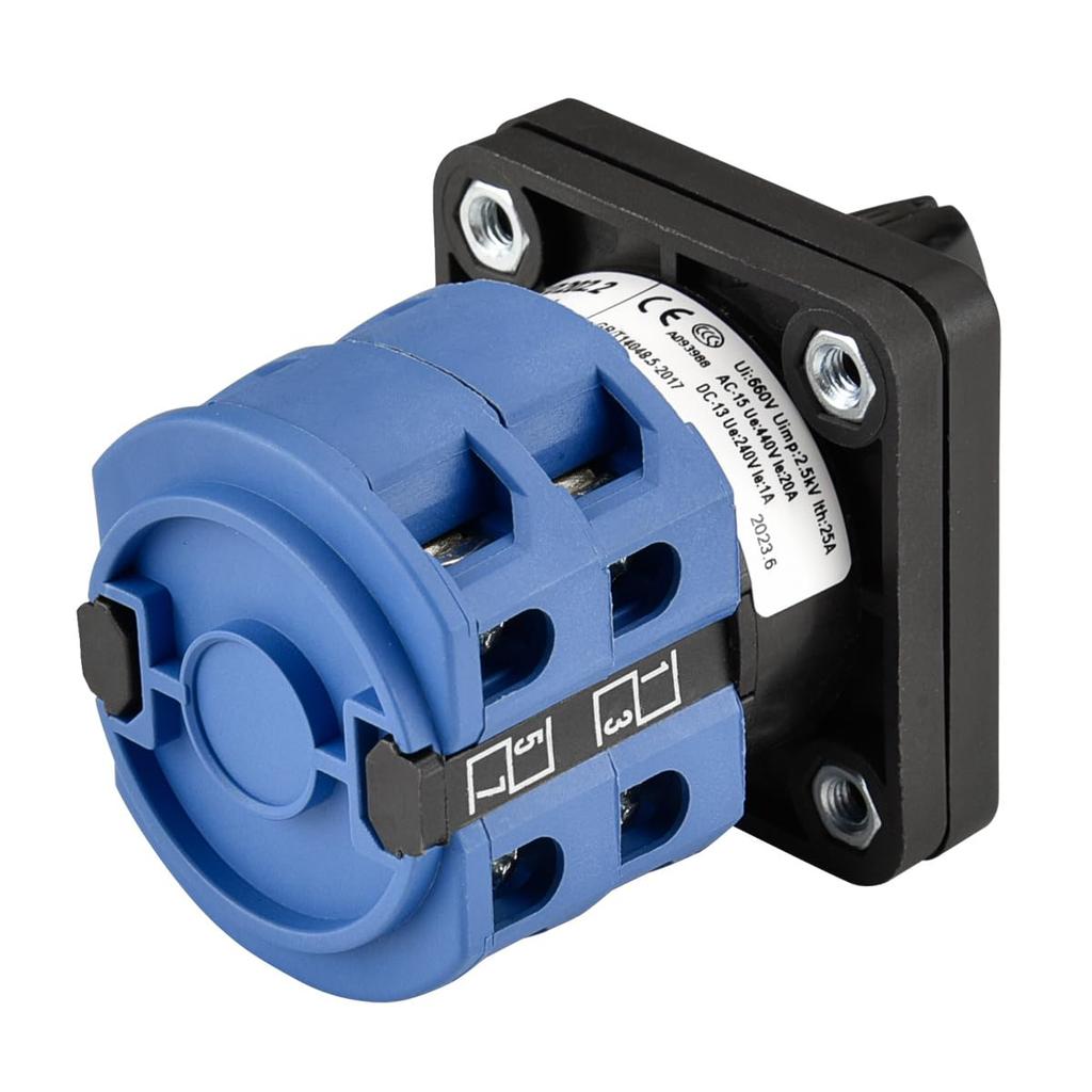 Heschen Universal Rotary Cam Selector Change-Over Switch, SZW26-25/D202.2, Latching 660V 25A, On-Off-On, 3 Position 2 Phase 8 Terminal, CE