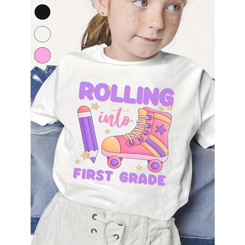 European Size Girls Summer Casual Short Sleeved T Shirt Roller Skates and Letter Print