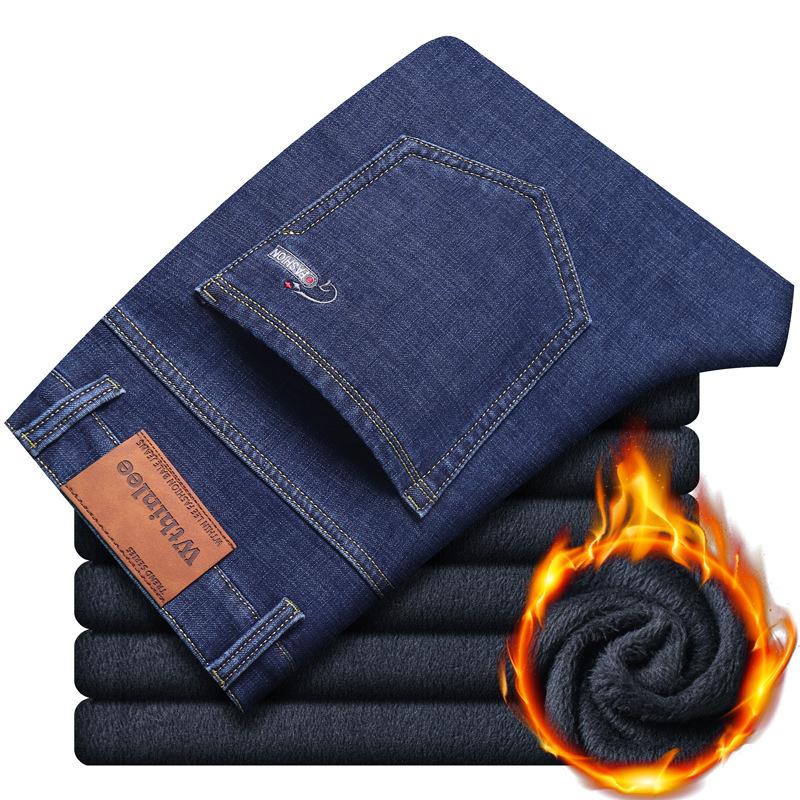 Elastický sametový zesílený pánský džíns rovný volný ležérní velké velikosti zimní bavlna módní teplé dlouhé kalhoty