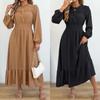 Women Solid Pom Pom Ruffled High Waist Long Sleeve A Line Long Dress