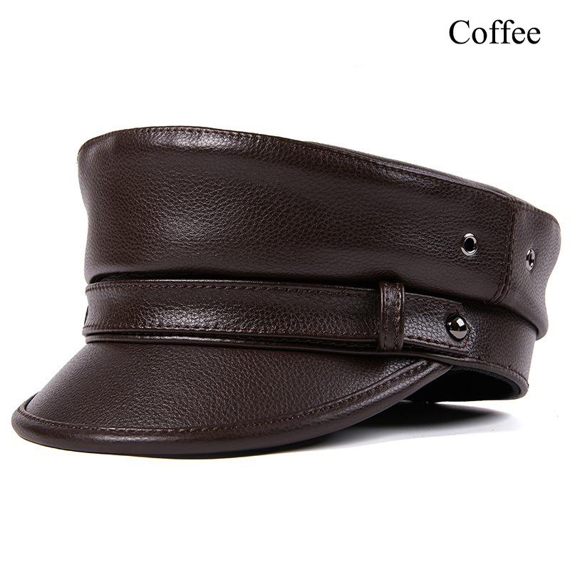 Unisex Genuine Leather Captain Cap, Vintage Punk Motorcycle Military Hat, Harajuku Rock Flat Top Beret for Men and Women
