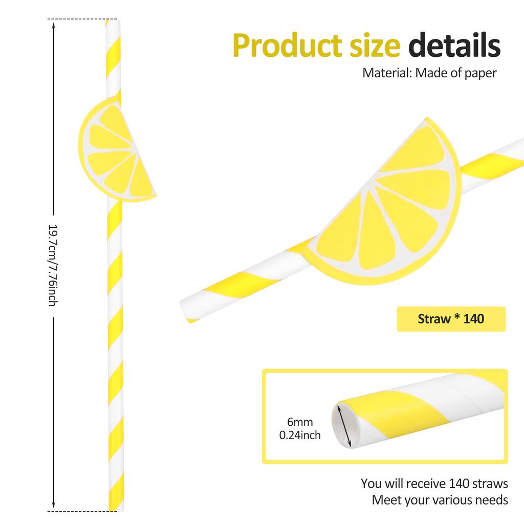 140Pcs Paper Drinking Straw Striped Drinking Straws With Lemon Decor Happy Birthday Wedding Party Supplies Drinking Straw