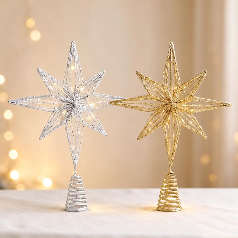 1Pcs Christmas Home Party Decoration Christmas Tree Toppers Star With Led String Lights Ornaments For Festival Party New Year