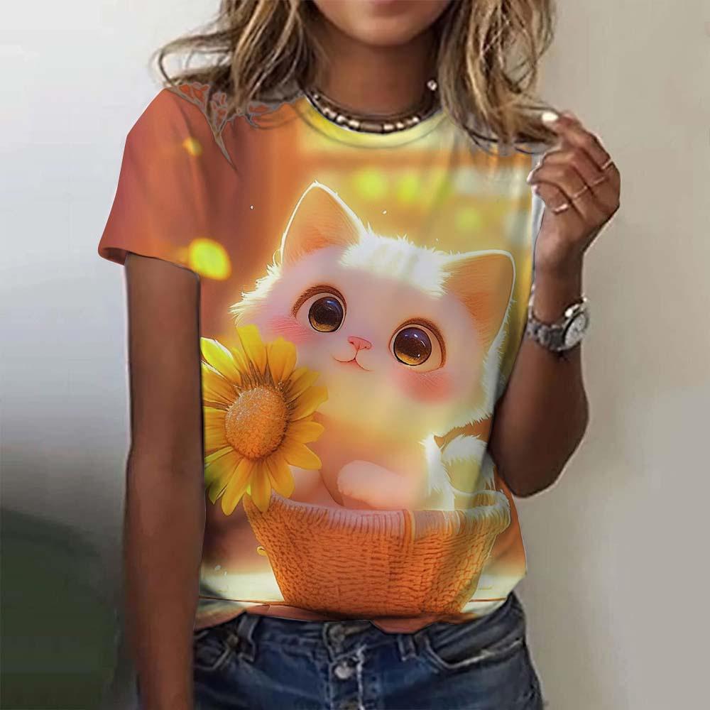 Tricou drăguț cu imprimeu de pisică pentru femei, vară, cu gât rotund, top cu mâneci scurte, ocazional, îmbrăcăminte de dimensiuni mari, Kawaii, animal pentru femei, tricouri