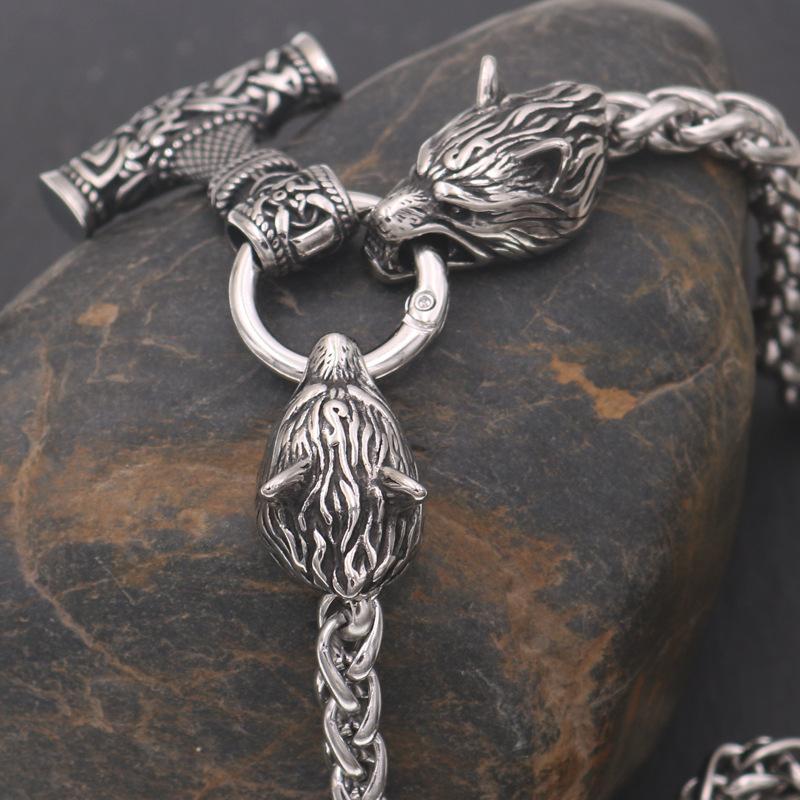 Nordic Viking Wolf Head Thor Hammer Pendant Necklace Men's Accessories