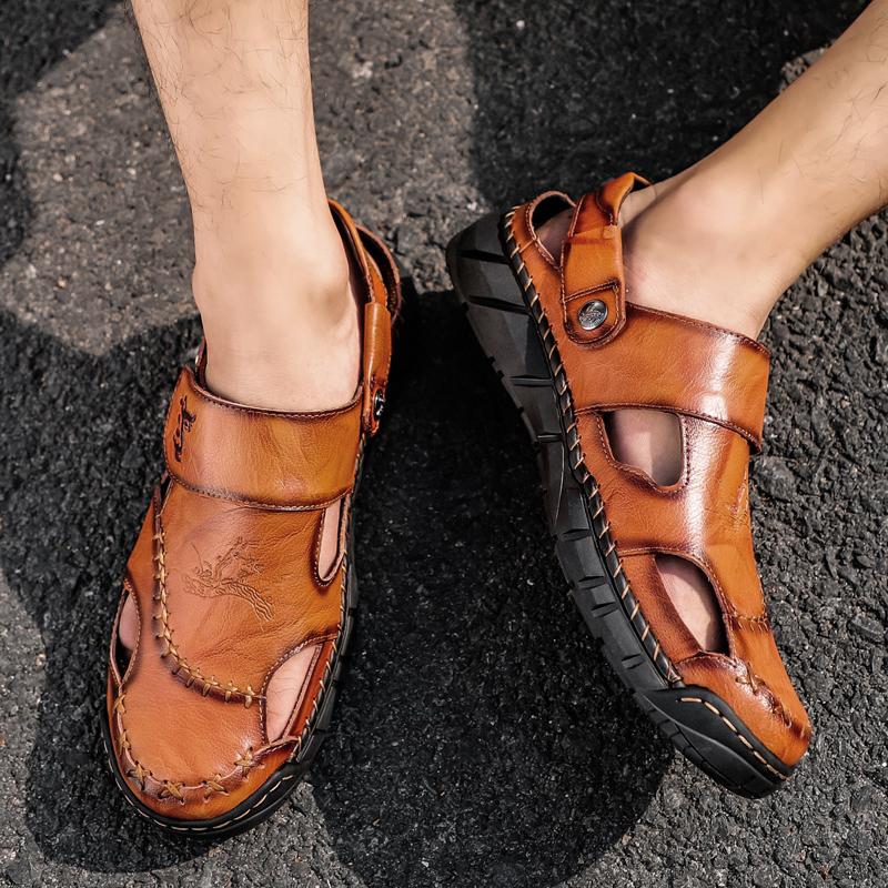 Sandals Shoes Men's Genuine Leather Summer Anti-slip Breathable Hollow Outdoor Sports Beach Shoes Casual Sandals