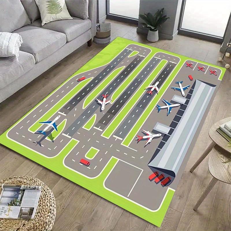 1pc Soft Washable Airport-Themed Rectangular Carpet - Green with Airplane & Runway Design, Polyester Material for Living Room