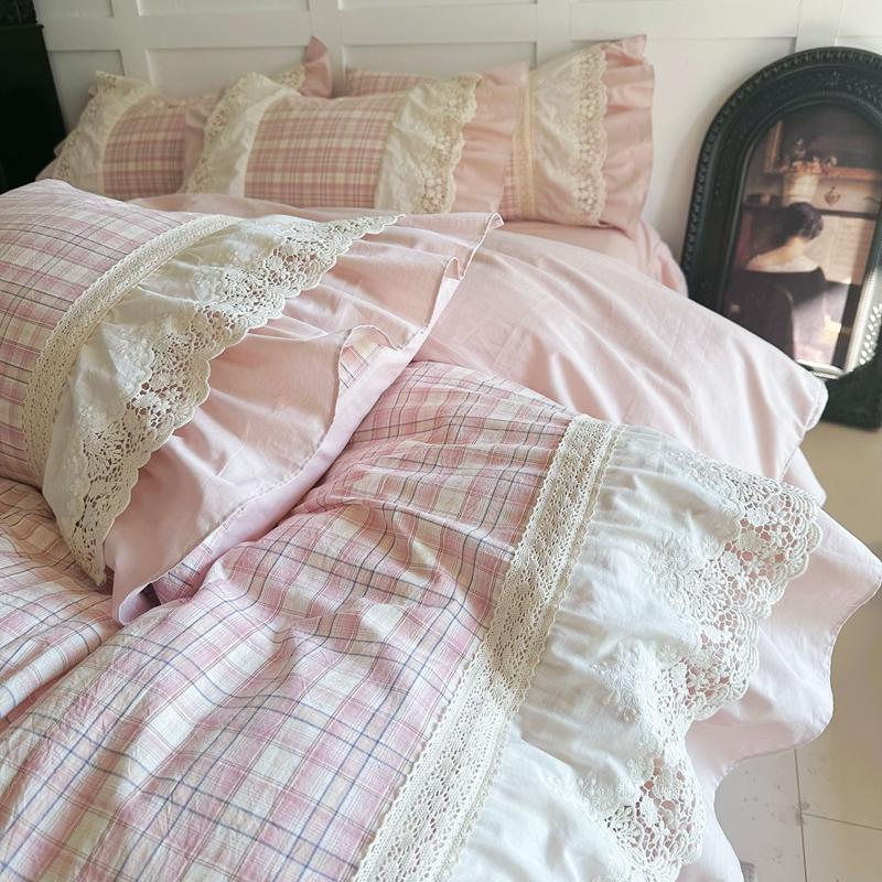 Vintage French Plaid Lace Ruffles 100% Cotton Bedding Set Duvet Cover Set Bed Sheet/Bed Skirt/Fitted Sheet Pillowcases 4Pcs