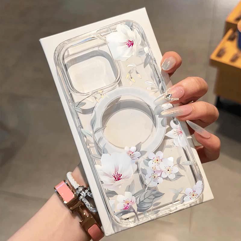Magnetic Cover For iPhone 17 16 15 14 13 12 11 Pro X XS Max XR 7 8 Plus 16E Wireless Charge Transparent Phone Case Floral Design