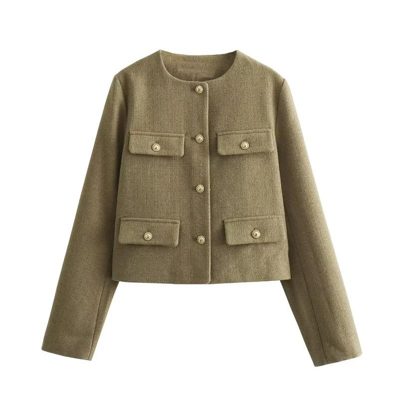 Women Fashion Autumn Winter Single-breasted Textured Round Neck Flip Pocket Short Jacket Coat Chic Ladies Tops Mujer