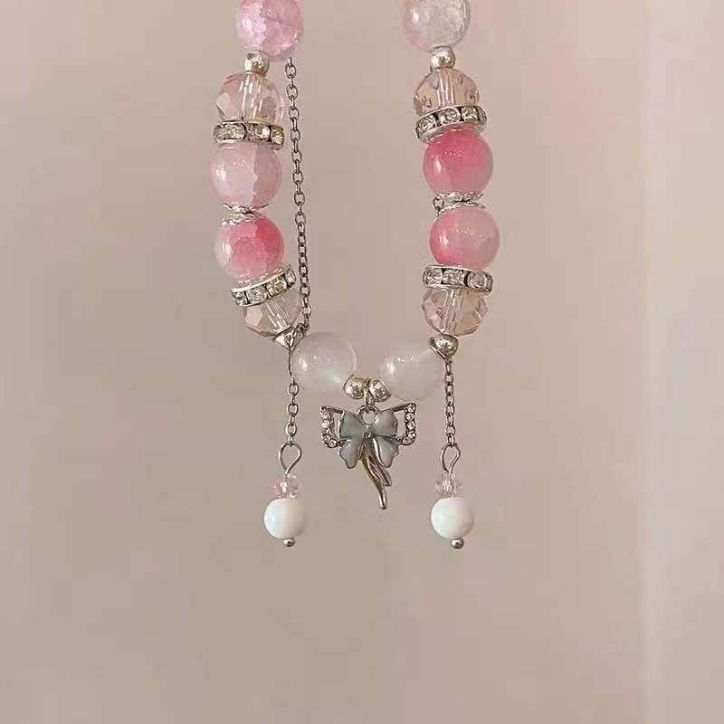 Korean Pink Crystal Flowers Butterfly Pendant Beaded Bracelet For Women Sweet Beaded Chain Bracelet Jewelry Gifts