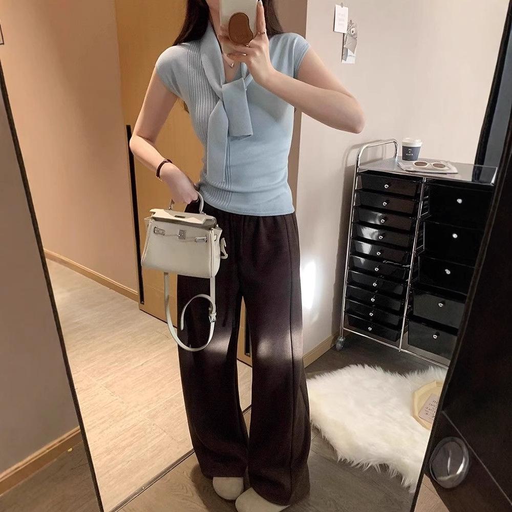 2025 Summer Women's V-Neck Knit Top with Shoulder Pads and Ribbon - Hong Kong Style