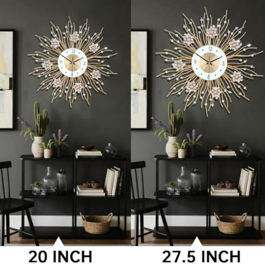 Large Silent Sunflower Shape Wall Clock Iron Metal Modern Non-Ticking Round Dial 27.5 Inch Chic Decorative Clock for Living Roo