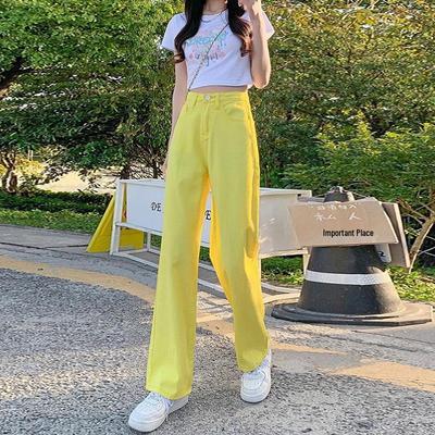 Women's Yellow High-Waisted Wide-Leg Jeans - 2022 Slimming Style for Petite Figures, Straight Floor-Length Pants
