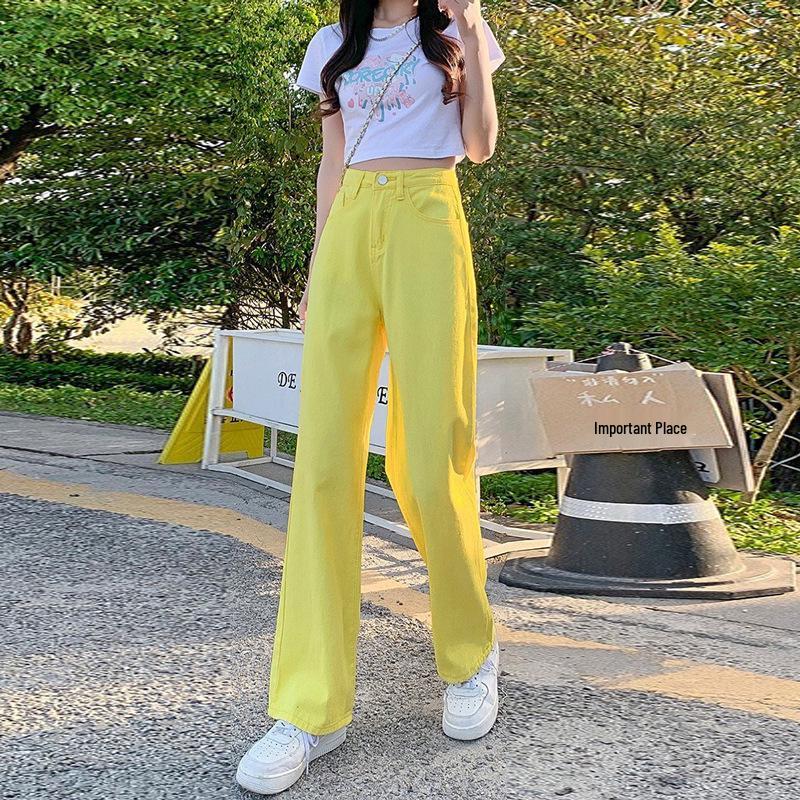Women's Yellow High-Waisted Wide-Leg Jeans - 2022 Slimming Style for Petite Figures, Straight Floor-Length Pants