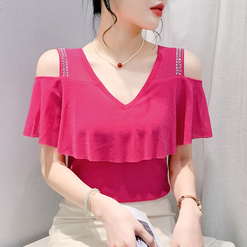 

Модные новые летние футболки с коротким рукавом и оборками с V-образным вырезом, женские топы, футболки, футболки J381 3XL розы красного