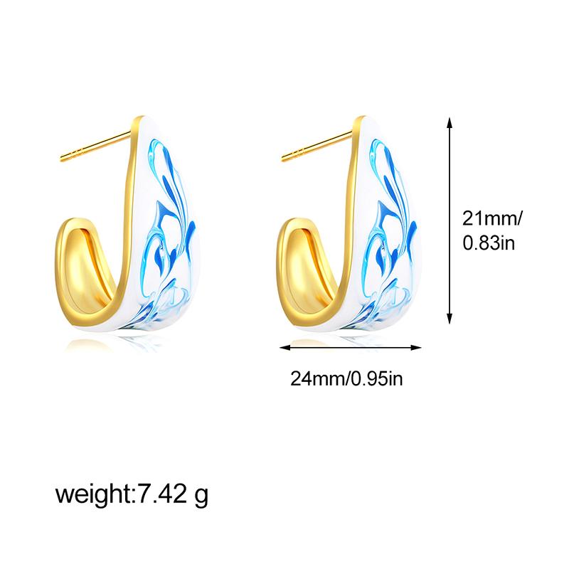 Blue Flower Enamel Drip Oil Earrings Vintage Blue White Porcelain Earrings Chinese Style Copper Irregular Earrings