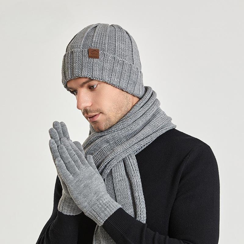 Chapeau d'hiver en laine tricotée pour hommes et femmes, même chapeau, ensemble trois pièces écharpe, gants, chapeau à couverture thermique en peluche