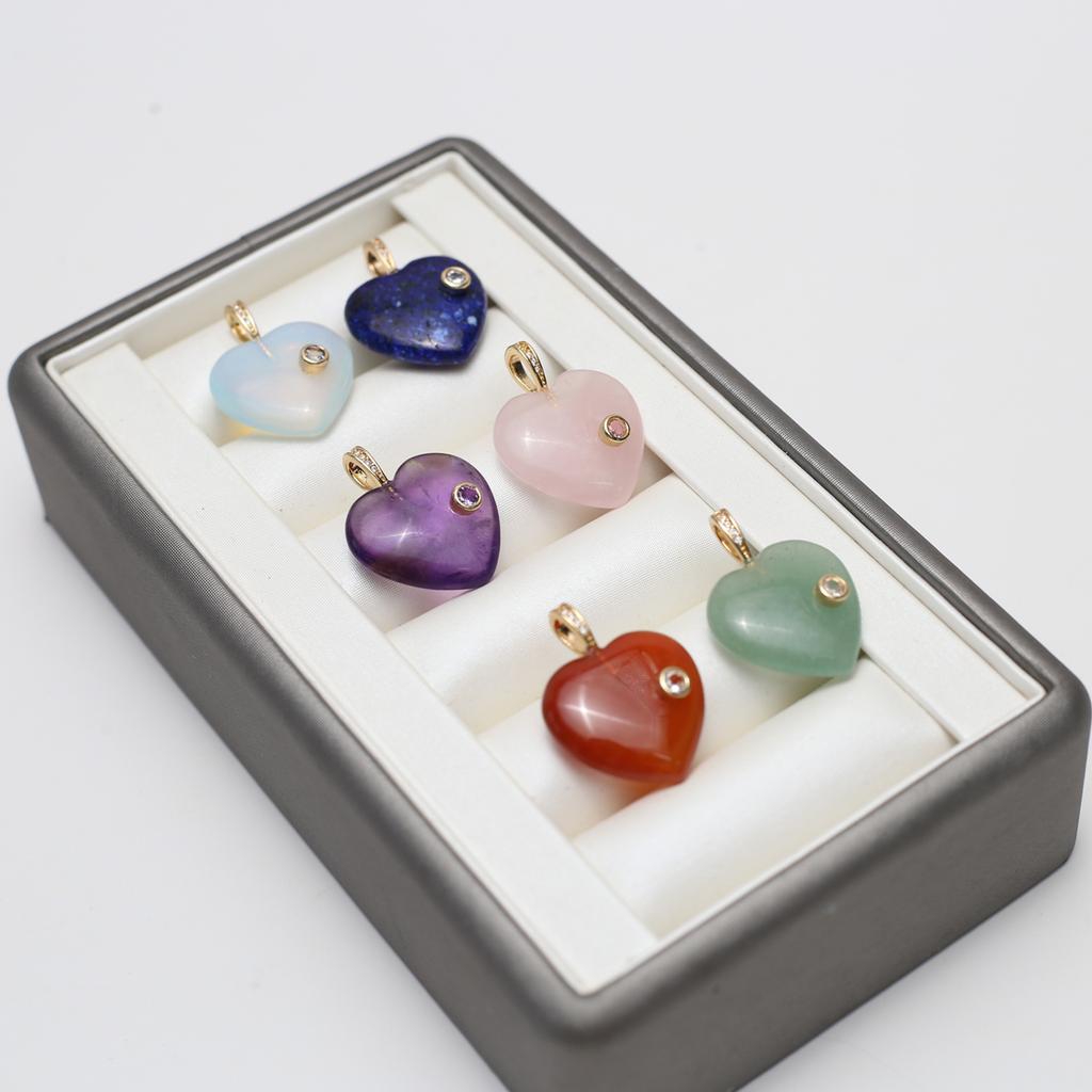 2Pcs, Natural Stone Heart Pendant with Artificial Diamond, Boho Reiki Healing Crystal Amethyst Agate Gemstone Charms for Jewelry Making DIY Necklace