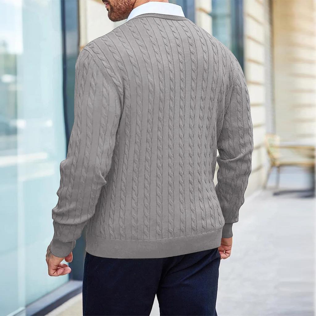 Pánský jednobarevný pletený top s kulatým výstřihem a dlouhým rukávem Pánský ležérní módní top s dlouhým rukávem