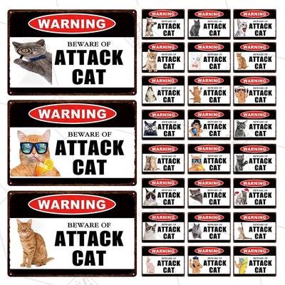 Pet Shop Warning Sign Beware of The Attack Cat Metal Sign Animals Tin Plate Pet Shop Wall Sticker Decoration Vintage Home Decor