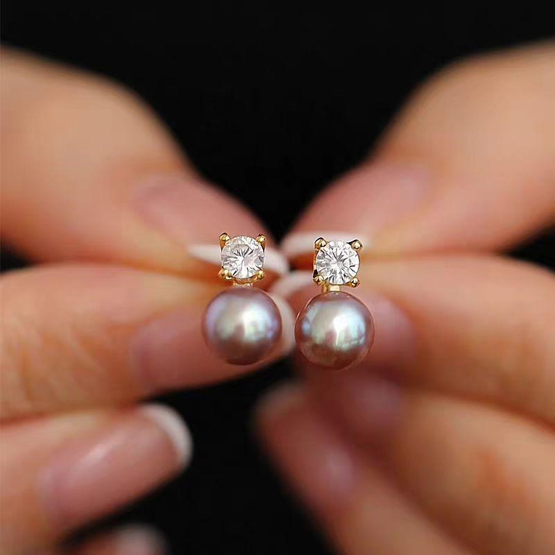 Princess Diana-Style Purple Freshwater Pearl 5A Stud Earrings - Elegant and Exquisite Design for Women