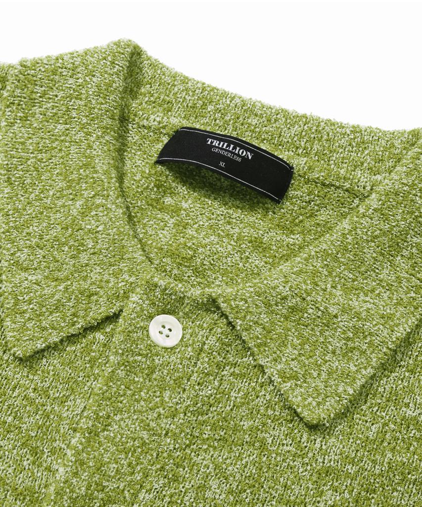TRILLION Washable Boucle Collar Short Sleeve Knit (Melange Green)