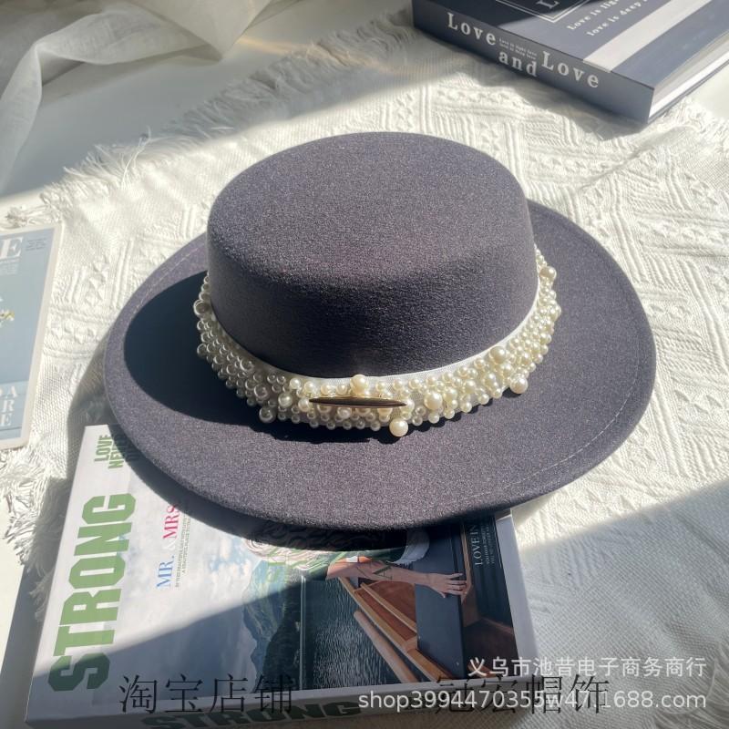 White Pearl Flat Top Woolen Top Hat Female Autumn and Winter British Retro Socialite Elegant French Wide Brim