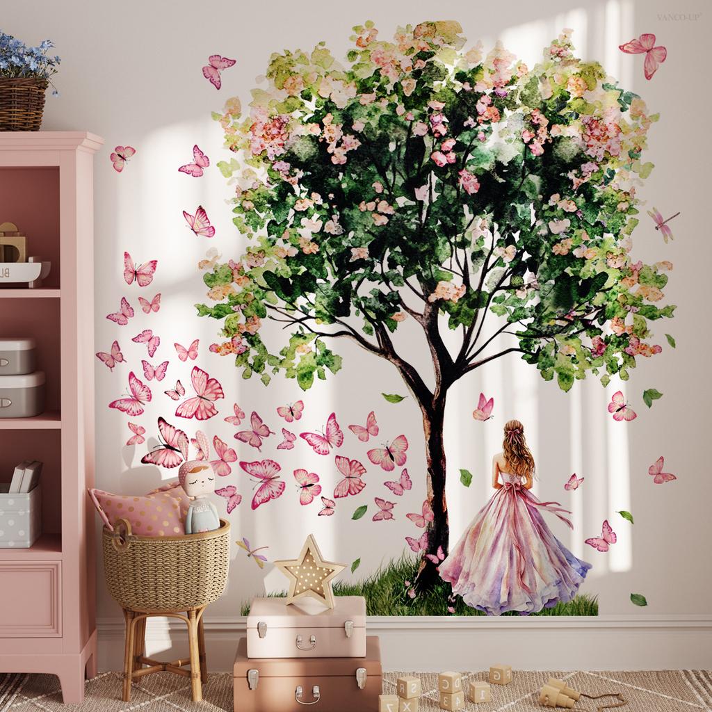 Blomma Träd Fjäril Flicka Kreativ Väggdekal Sovrum Vardagsrum Hemdekoration Väggdekal Självhäftande