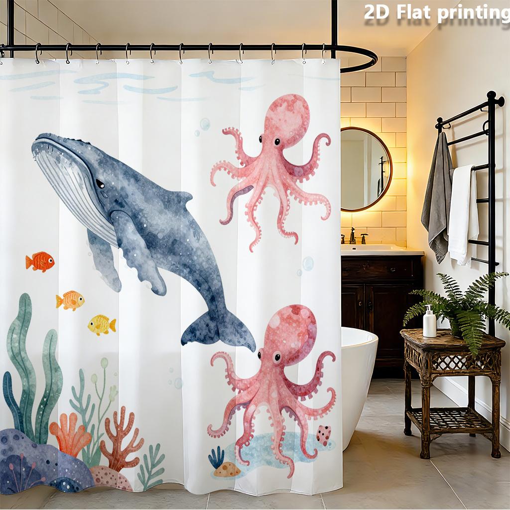 Underwater Ocean Animals Whale Octopus Fish Shower Curtain Machine Washable All Season Waterproof Privacy Protection 12 Hooks