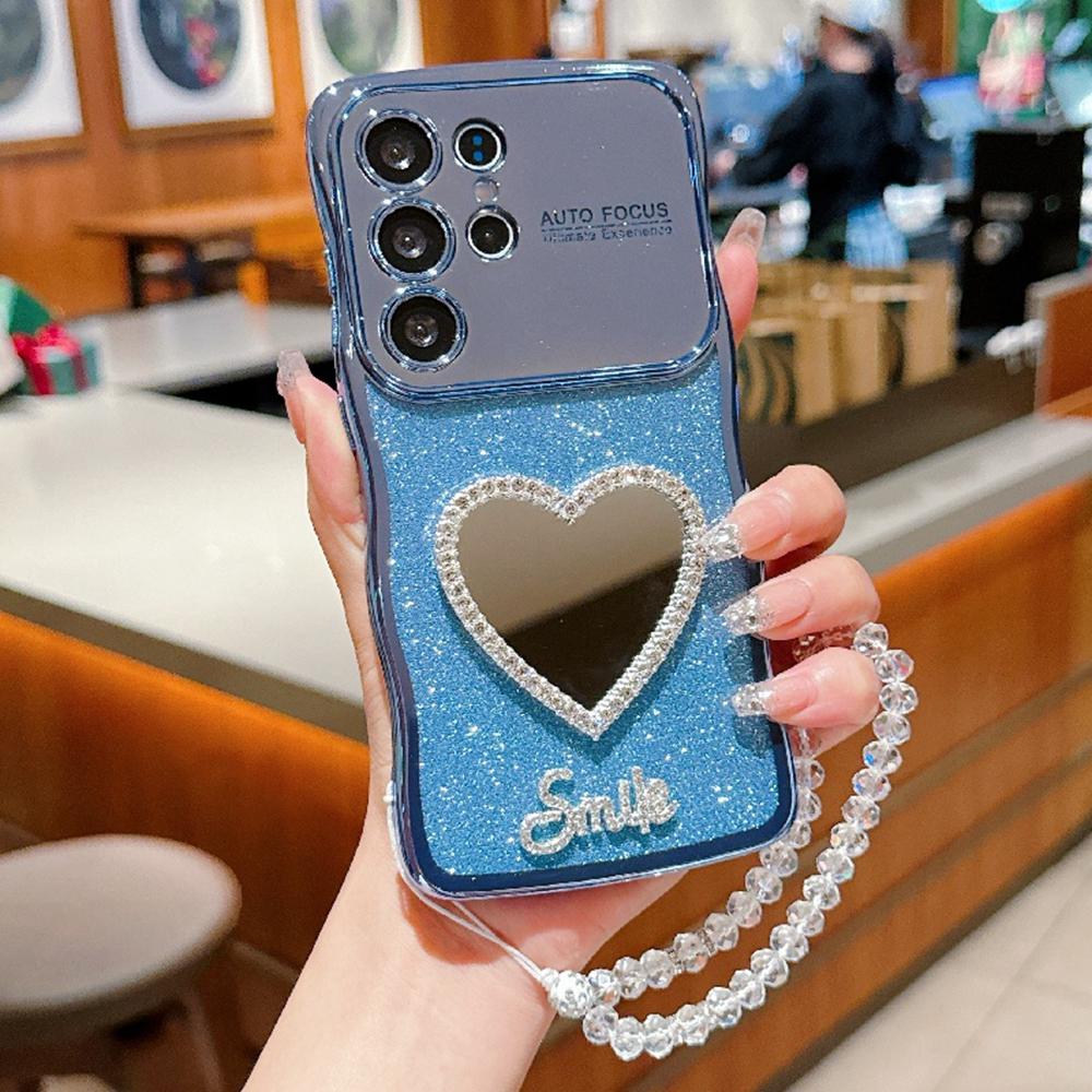 

For Samsung Galaxy S24 Ultra Case Electroplated Wavy Frame Glitter TPU Phone Cover with Mirror,Strap Blue