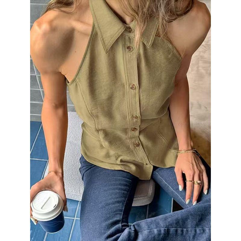 Western Style New Sleeveless Lapel Hanging Neck Sling Simple Slim fit Backless Top Sexy Backless Top