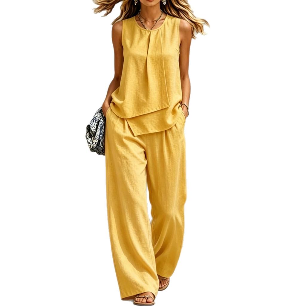 Women Sleeveless Front Pleated Crop Top Wide Leg Pants Set Solid Color Casual Outfit