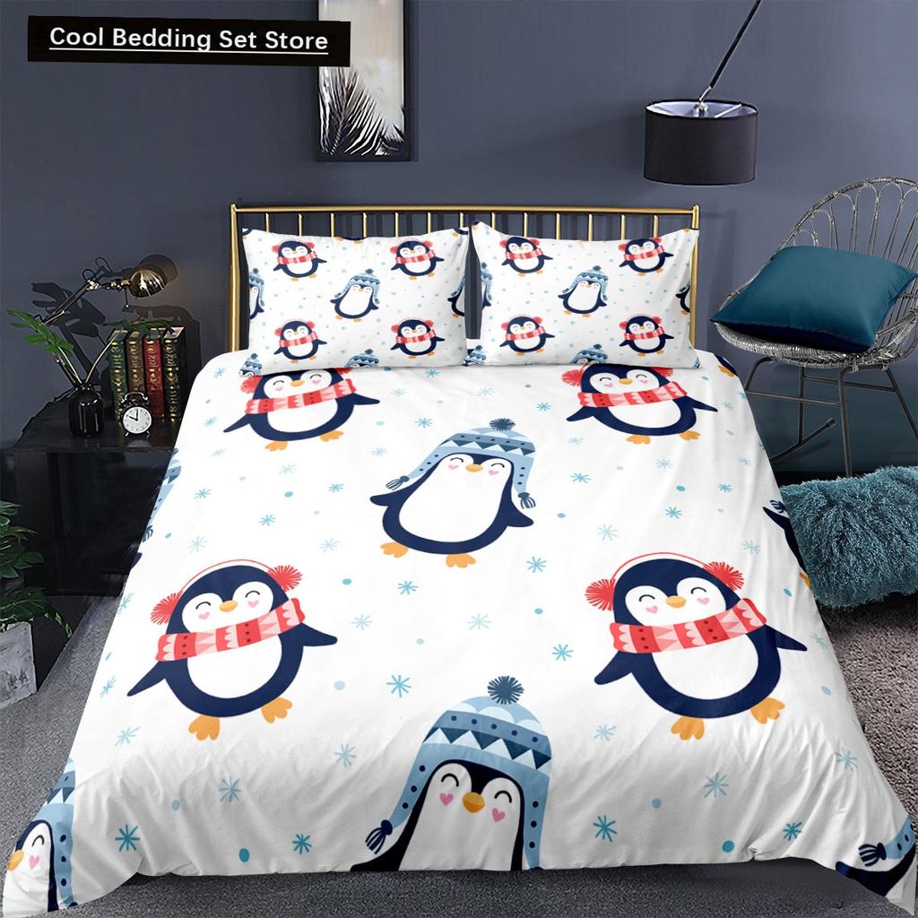 Penguin King Queen Duvet Cover Lovely Black White Antarctic Animals Bedding Set for Kids Wildlife 2/3pcs Polyester Quilt Cover