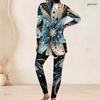 Women Plus Size Black Printed Round Neck Long Sleeve Longline Top Fitted Pants Two Piece Set