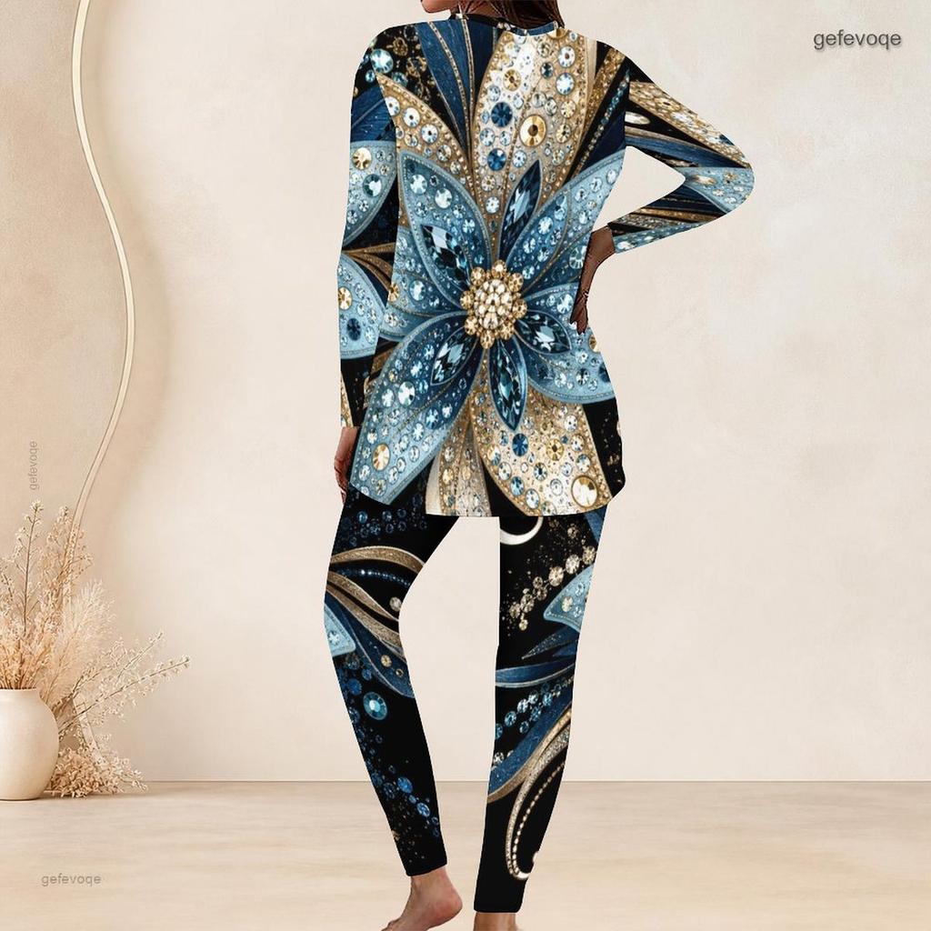 Women Plus Size Black Printed Round Neck Long Sleeve Longline Top Fitted Pants Two Piece Set