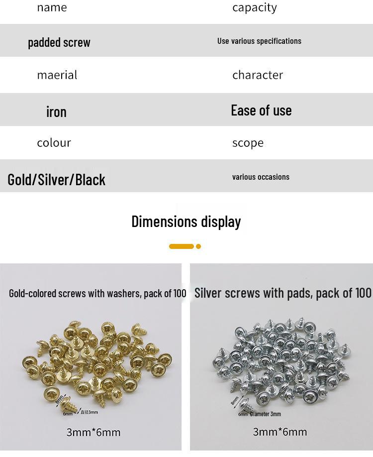 Golden, Silver, and Black Self-Tapping Wide Head Screws with Washers