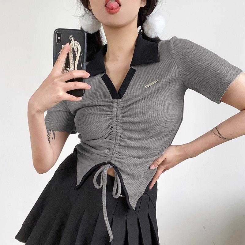 Short Slim Top for Women Vintage V-neck Drawstring Pleated Short Sleeve Top Summer Sexy Irregular T-shirt Gothic Korean Crop Top