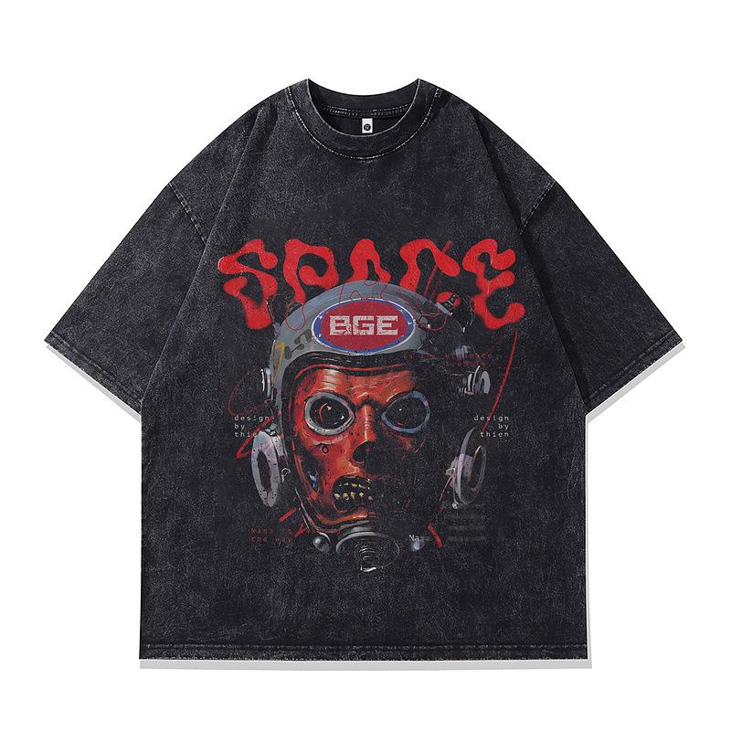 Large Version Men'S T-Shirt Heavy Washed Skull Print Beauty Trendy Retro Short-Sleeved T-Shirt Men