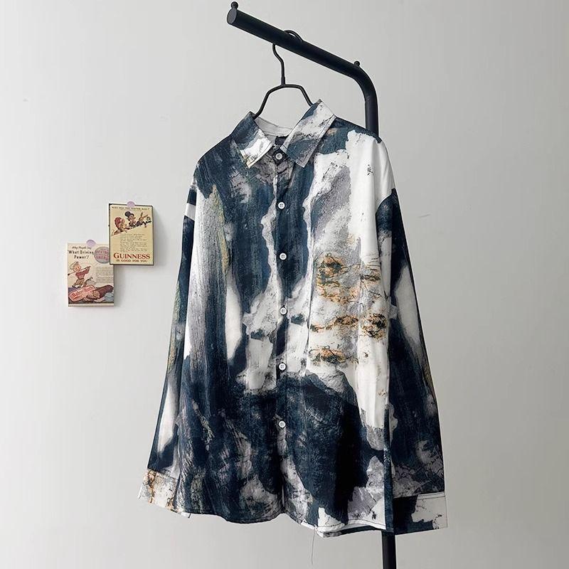 

Мужская модная винтажная рубашка с принтом тай-дай в технике стирки чернилами, с лацканами и на пуговицах, Y2K, уличная одежда Харадзюку, с длинным рукавом, свободные топы, Camisas De Hombre XXXL чёрный
